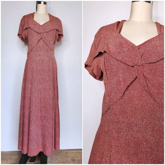 90s does 40s Maxi Dress - Polka Dot Print Dress Long Slits Dress Front & Back XS - Picture 2 of 10